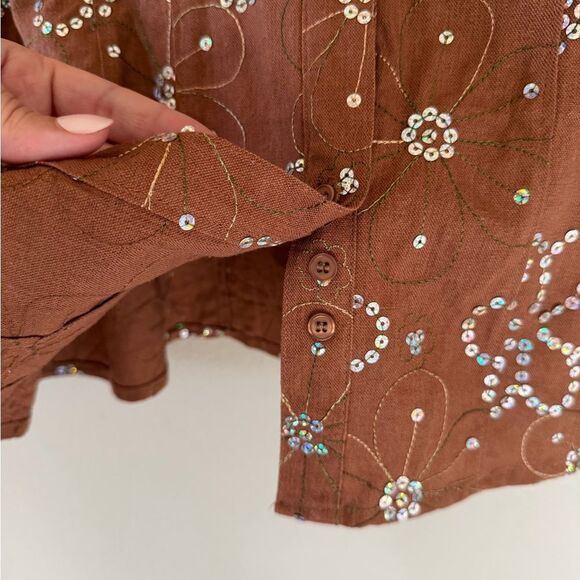 Roper Sequin Daisy Floral Brown Country Western Button Down Shirt Sparkle Size L - Picture 4 of 10